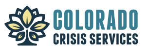 A green banner with the words colorado crisis services in blue.